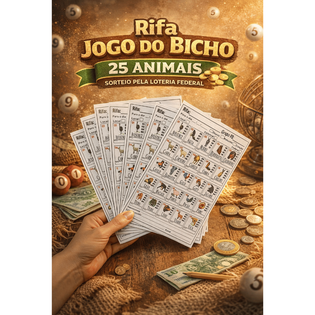 Cartela de Rifa com 25 Animais – Modelo Tradicional  - Rifa Impressa 25 Animais para Sorteios