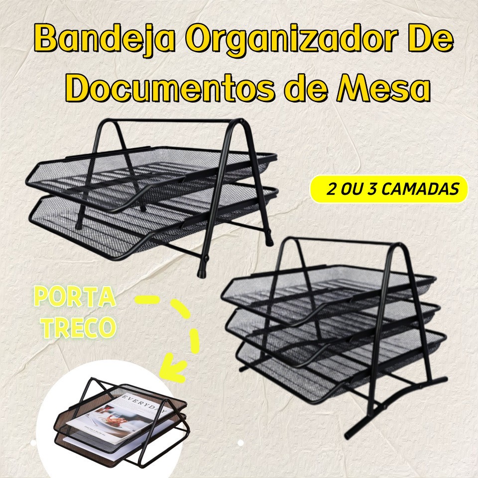 Bandeja Organizador De Documentos de Mesa 2 e 3 Andares Porta Treco Multiuso Papel A4 Metal Aramado