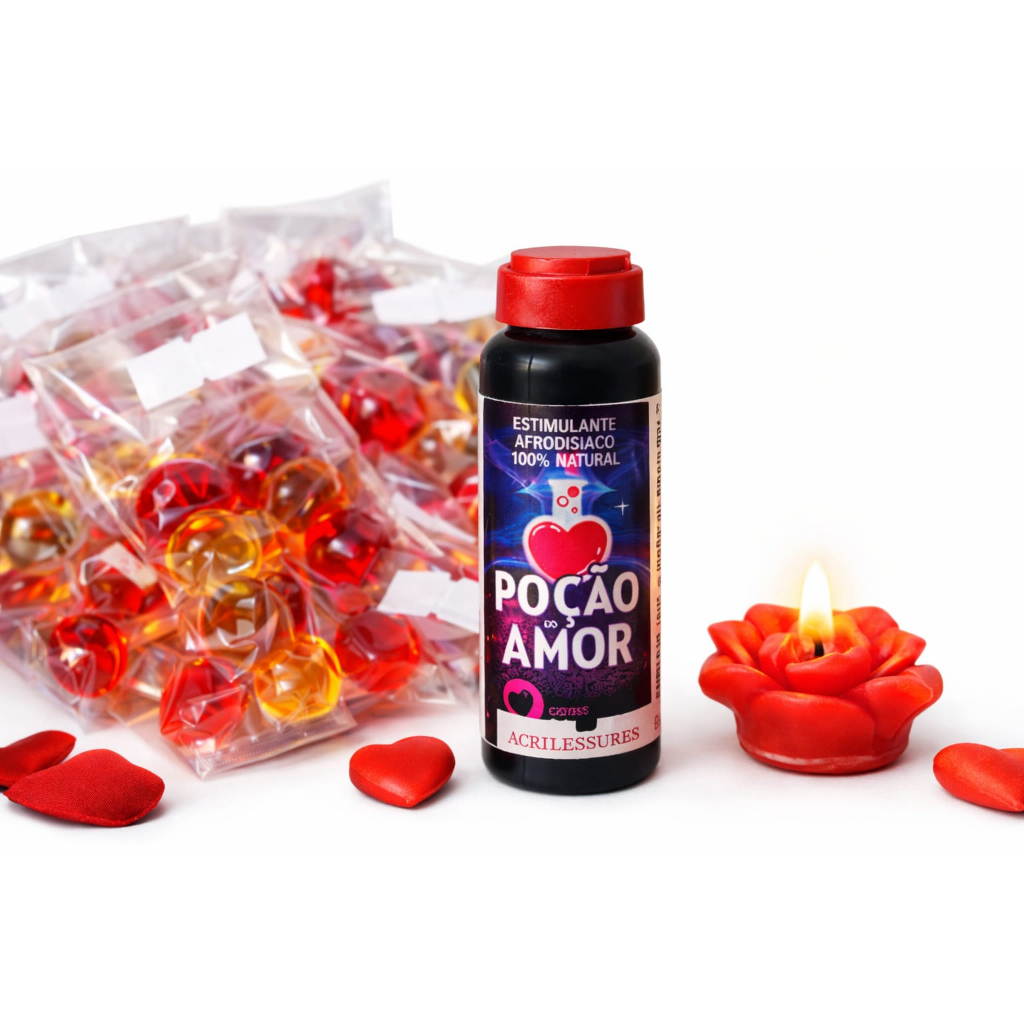 Kit Sensual Poção do Amor + 28 Bolinhas Aromáticas Massagem + Vela Romântica