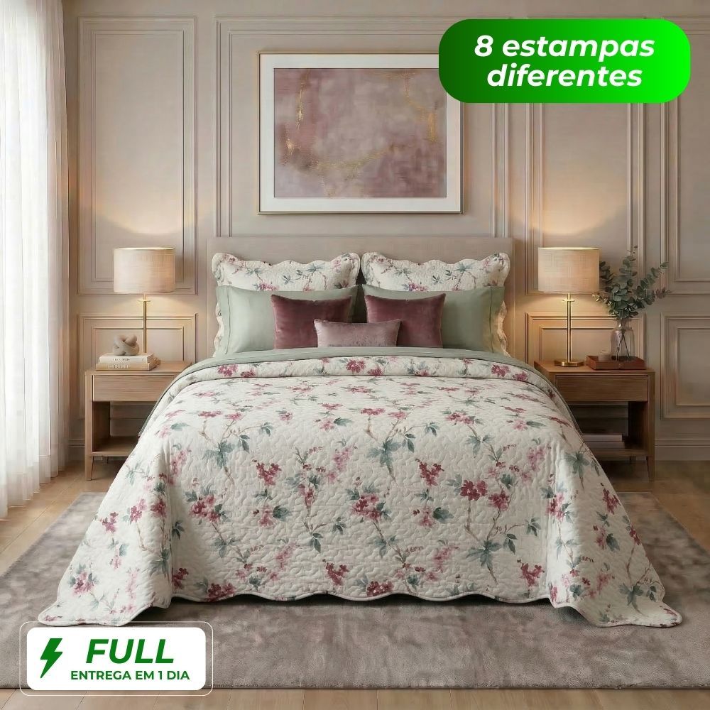 Kit Cobre Leito Colcha Casal 3 Peças Estampada Florida Matelado Dupla Face Percal Cama Box em Oferta na Shopee