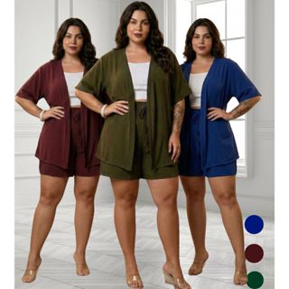 Conjunto Plus Size Feminino 2 Peças Shorts Cintura Alta E Kimono Estilo Blogueira em Oferta na Shopee