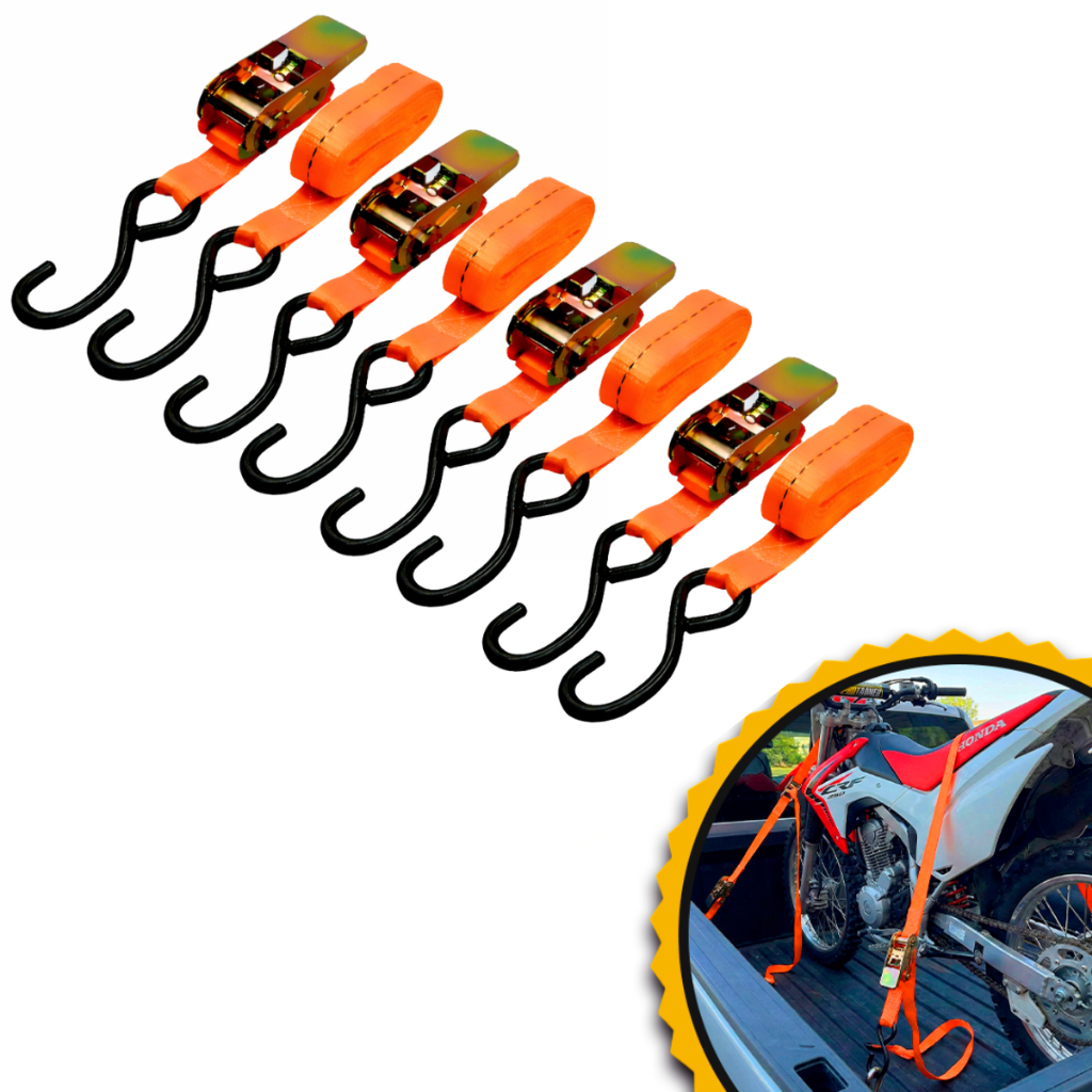 Kit 4 Cinta de amarração 800Kg 3M Com Catraca Reforçada Gancho S Esticador Moto Carretinha Carga Leve Brava Adventure