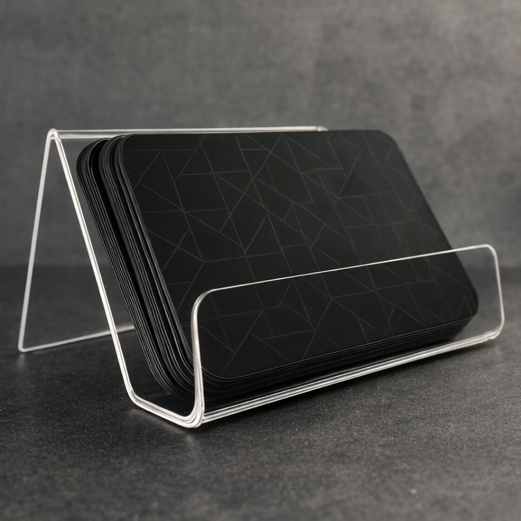Porta Cartão de Visita em Acrílico Preto Transparente 6x10 cm Resistente Elegante Recepção Balcão
