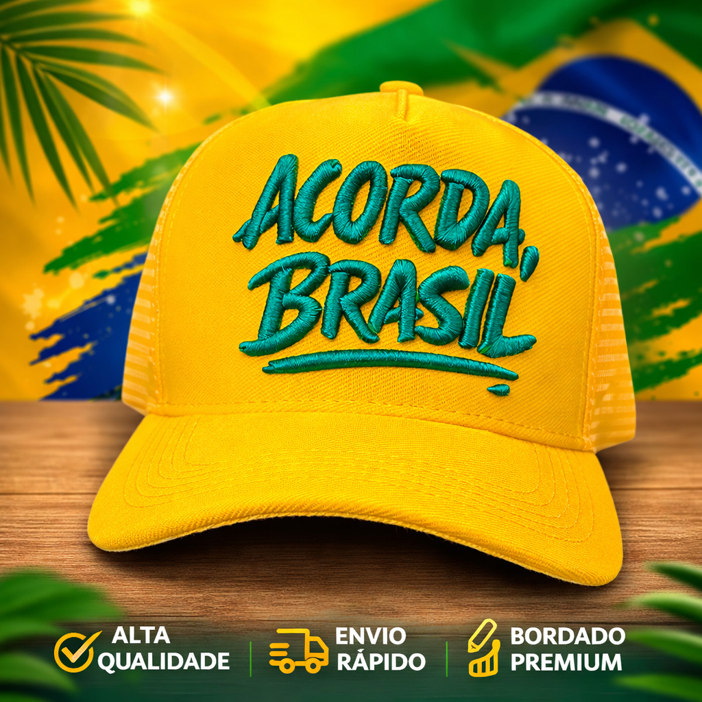 Boné Trucker Acorda Brasil Bordado Alto Relevo Ajustável Patriota Brasil