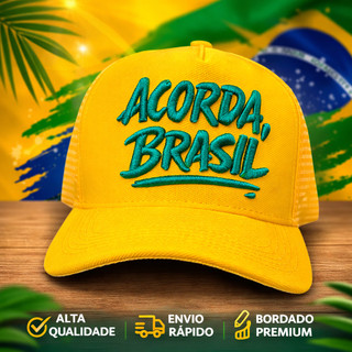 Boné Trucker Acorda Brasil Bordado Alto Relevo Ajustável Patriota Brasil