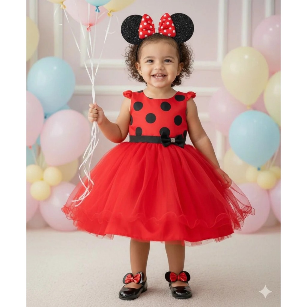 Vestido Infantil Menina Tematico Minnie Minie Vermelha Luxo Aniversario Bolinhas Poa Festa Tule