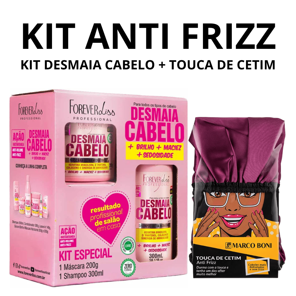Kit Anti Frizz Desmaia Cabelo Forever Liss Shampoo 300ml + Máscara 200g e Touca de Cetim Marco Boni Hidratação e Frizz 0