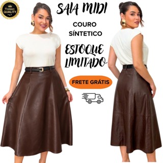 Saia Couro Feminina Midi Elegante Cintura Alta Moda Blogueira Festa Casual M ao G1 Lançamento em Oferta na Shopee