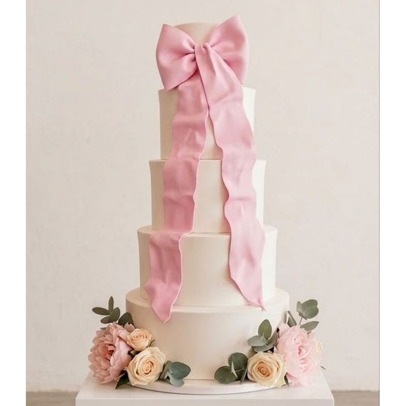 Bolo Cenográfico Casamento Laço Cetim 4 Andares | Branco Rosa |  Bases Maciças EVA | Laço Personalizado
