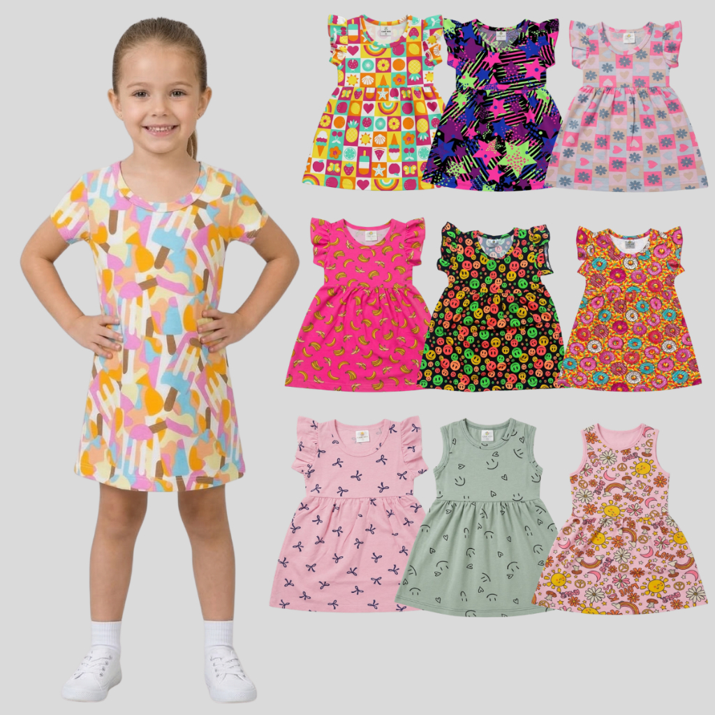 Kit 5 Vestidos Infantil Menina Estampas Sortidas de Alta Qualidade Dia a Dia Conforto Tendência