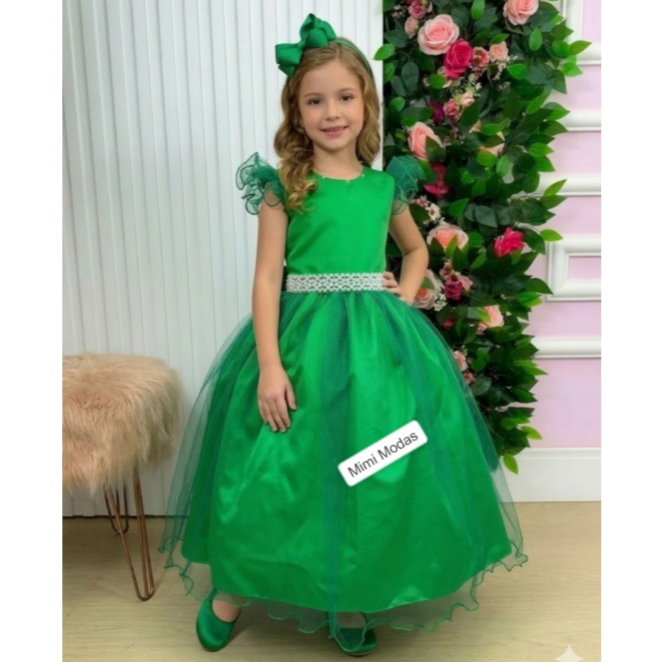 Vestido Infantil Menina Longo Verde Bandeira Dama Honra Daminha Formatura Evento Casamento Florista