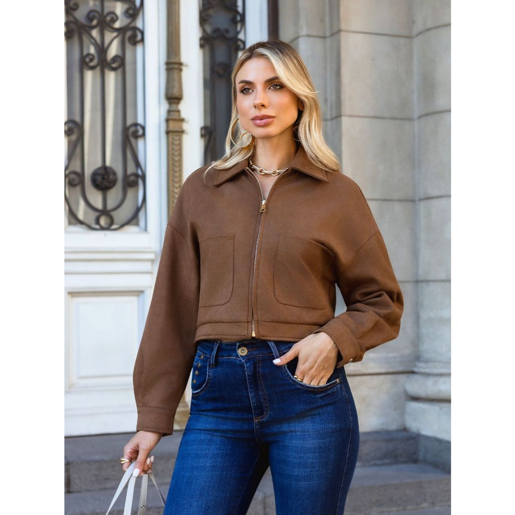 Jaqueta Bomber em Camurça Sintética com Bolsos Frontais em Oferta na Shopee