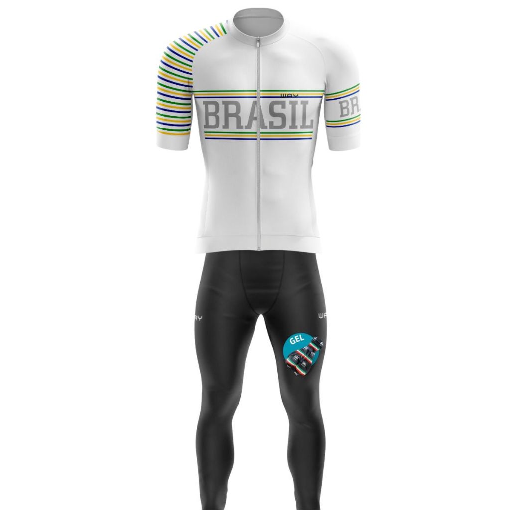 Camisa Brasil Ziper Total e Calça Acolchoada Gel Conjunto Premium Ciclismo Bike Pedalar MTB Speed