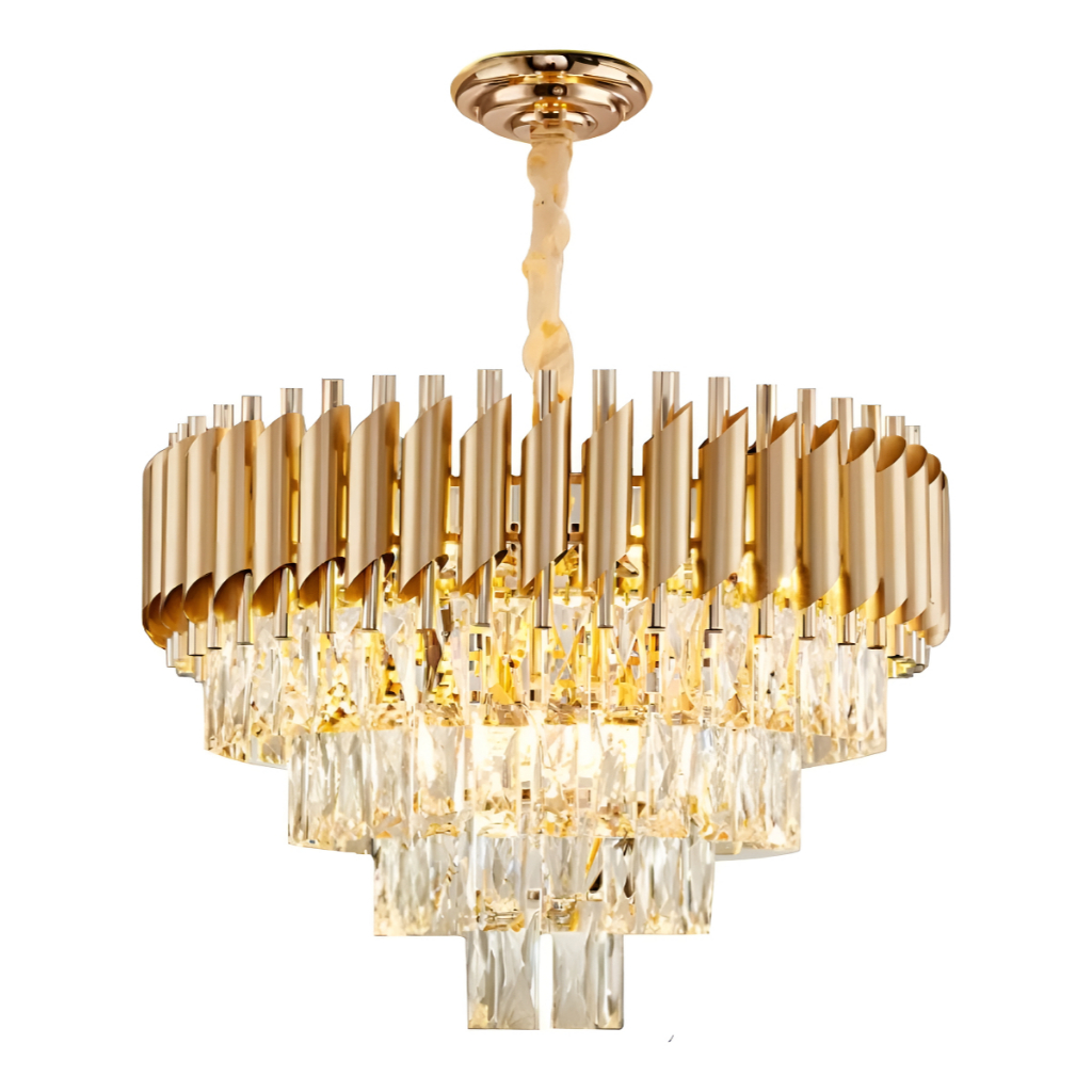 Lustre Pendente Cristal Dourado 50cm Redondo – Luminária Teto Grande Para Mesa de Jantar Sala de Luxo