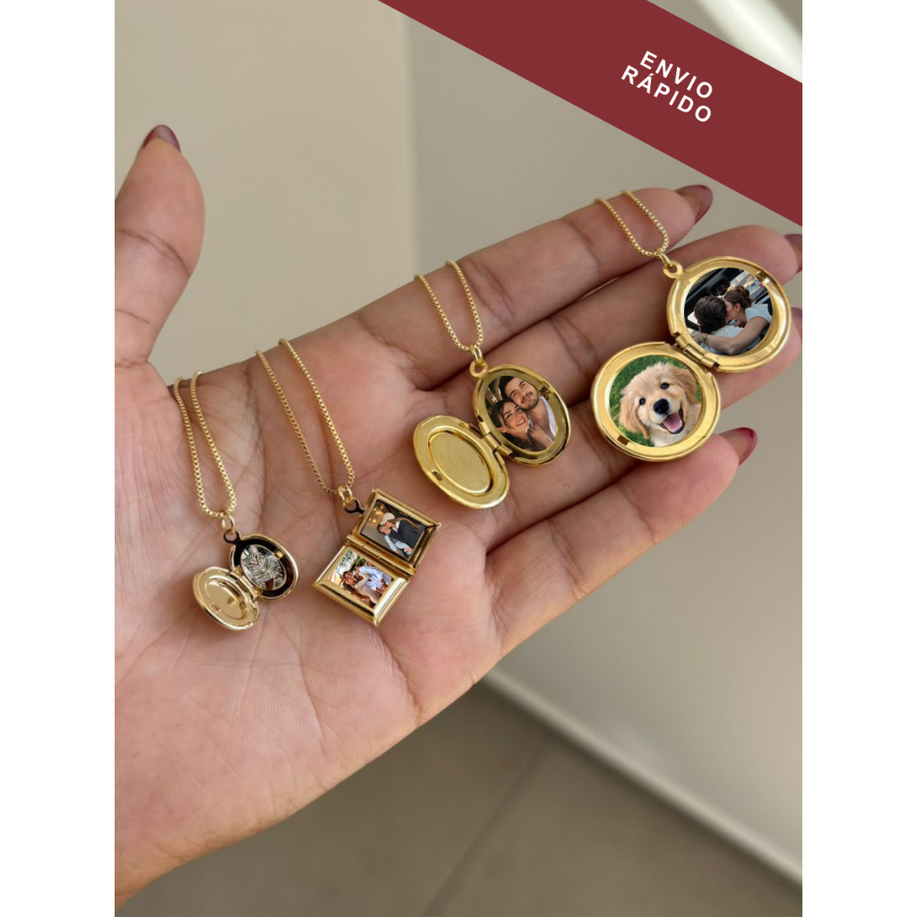 Relicário Colar Com 2 Fotos Lembrança Minimalista Mini Dia da Mulher Dia das Mães