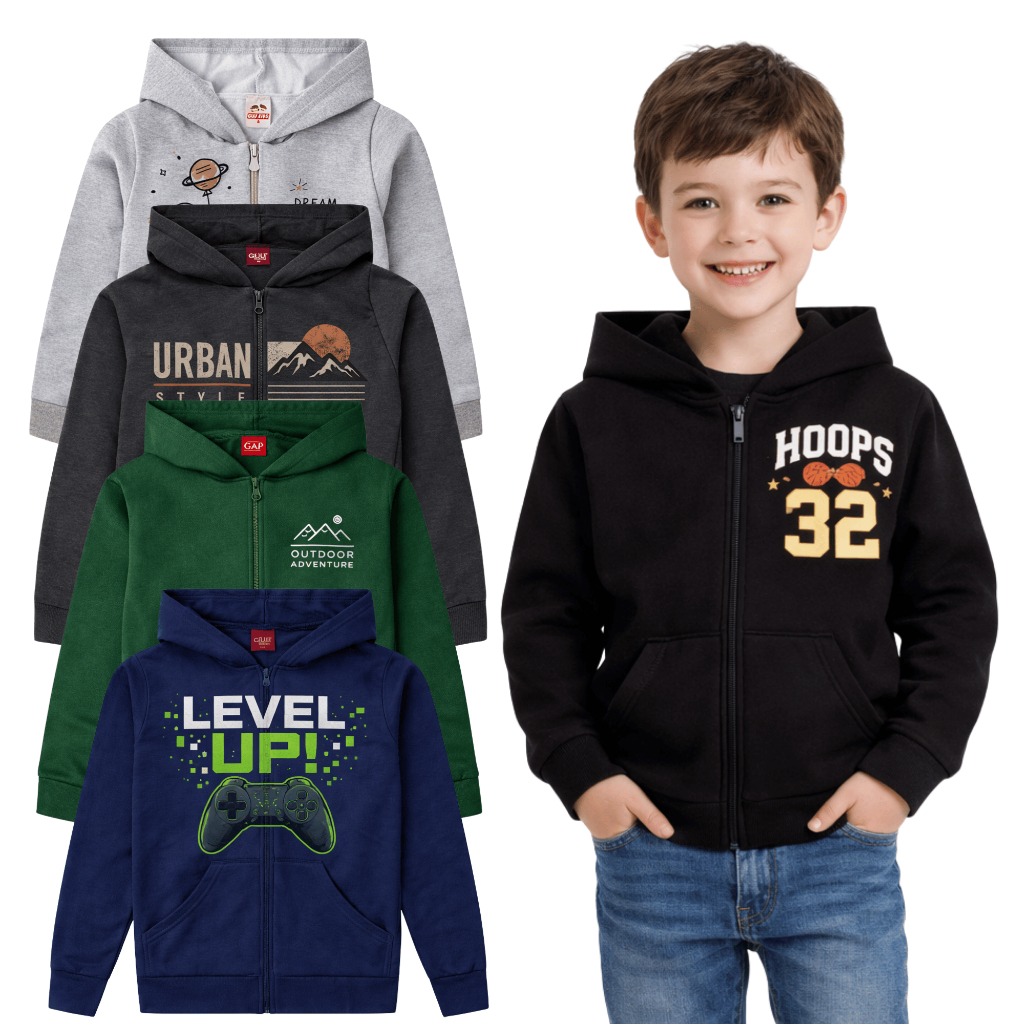 Jaqueta Infantil Masculina com Capuz, Zíper e Bolsos – Moletom Premium Quentinho | Casaco Menino