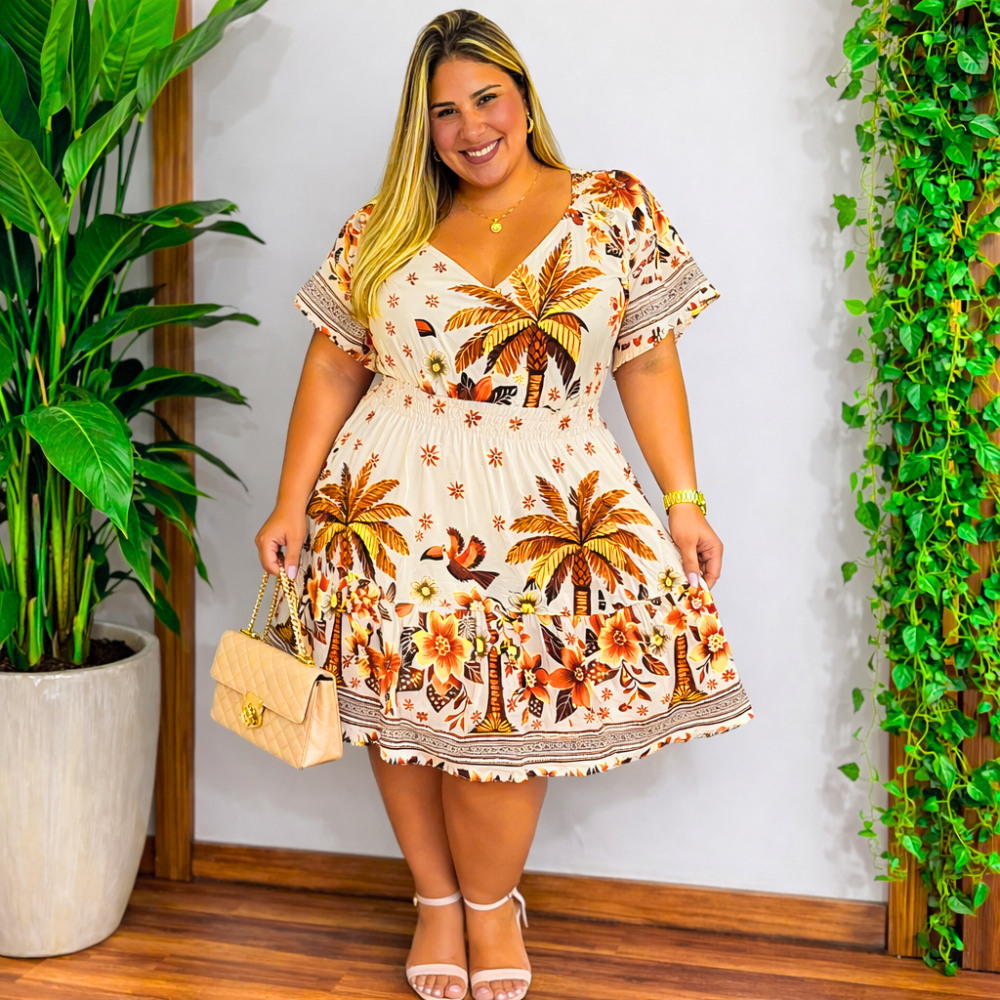 Vestido curto plus size estilo chic e elegante Estampa FARM para festas formatura modelo três marias com mangas