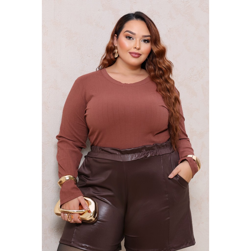 Cropped Plus Size Blusa Feminina Manga Longa Canelado Viscose Premium Confortável Moda Tendência
