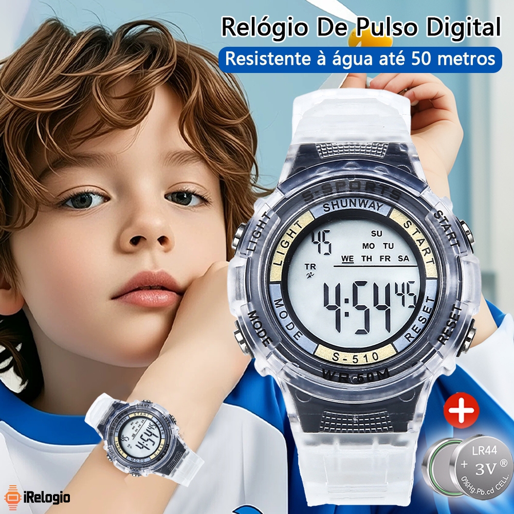 Relógio Digital Infantil Transparente À Prova D'Água Com Luminoso Led Esportivo Cronômetro Para Meninos E Meninas