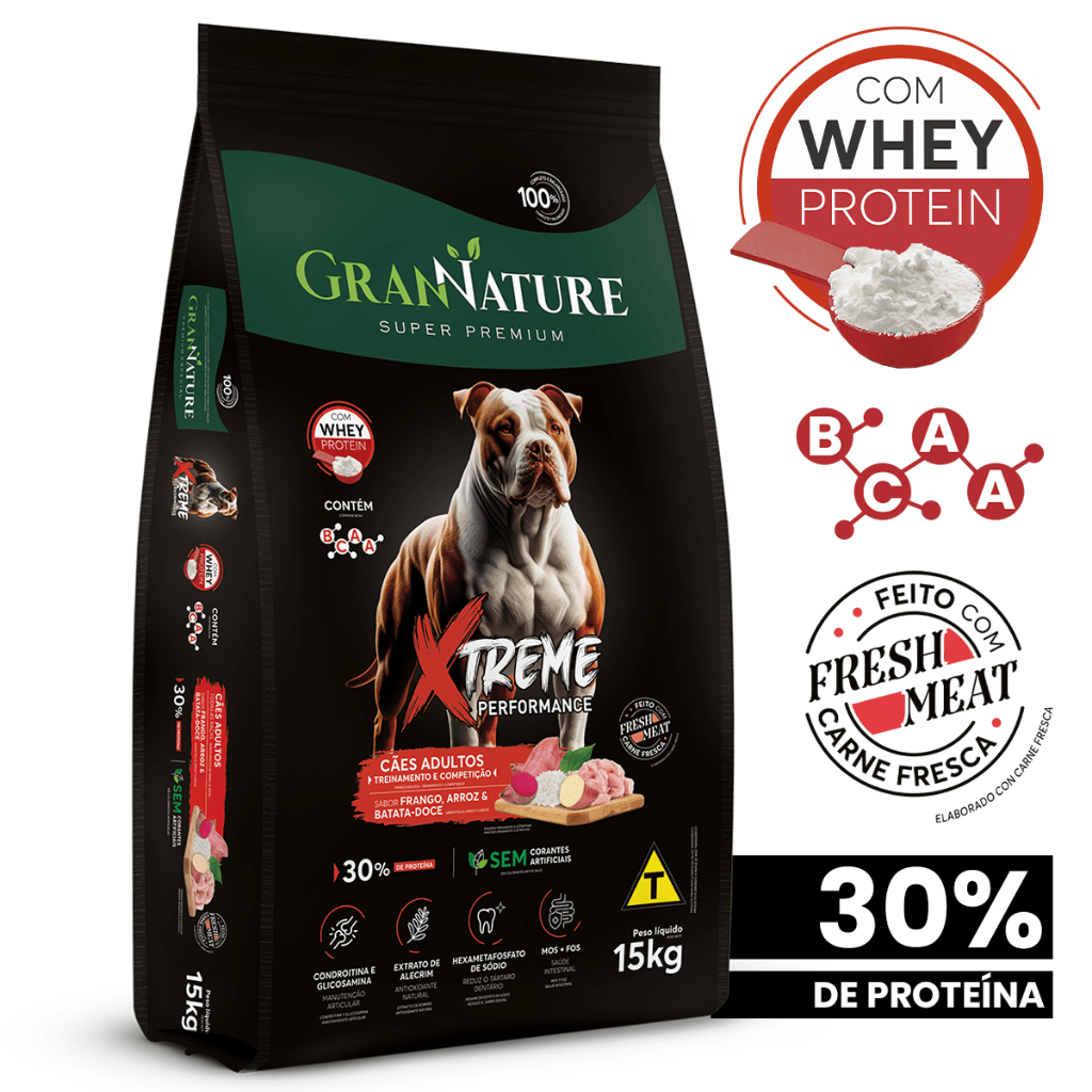 Ração Whey Protein Grannature Xtreme 32% Proteína Cães Adulto raças Médio E Grande Sabor F...