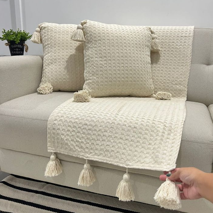 Kit Almofada Peseira Pompom Cama Sofa (2 Capas + 1 Peseira) Rustico Artesanal Decorativa Moderno