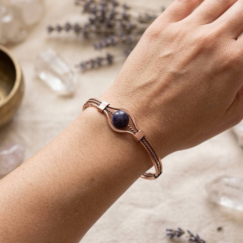 Bracelete em Cobre com Pedra Natural | Pulseira Artesanal Boho Espiritual Ajustávelp