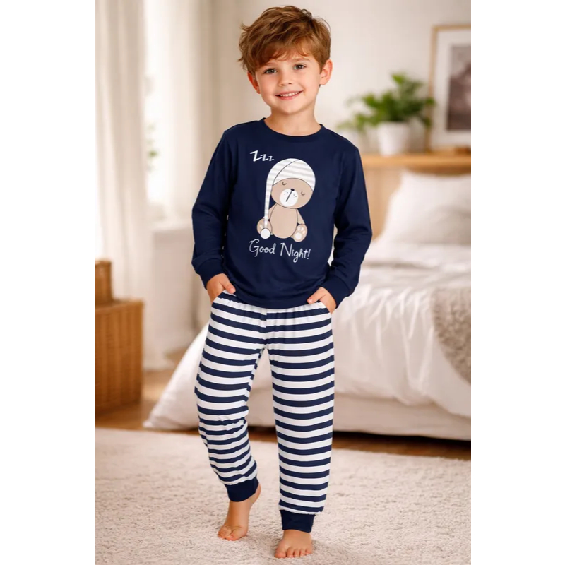 PIJAMA INFANTIL MASCULINO GOOD NIGHT COM PUNHO AZUL em Oferta na Shopee