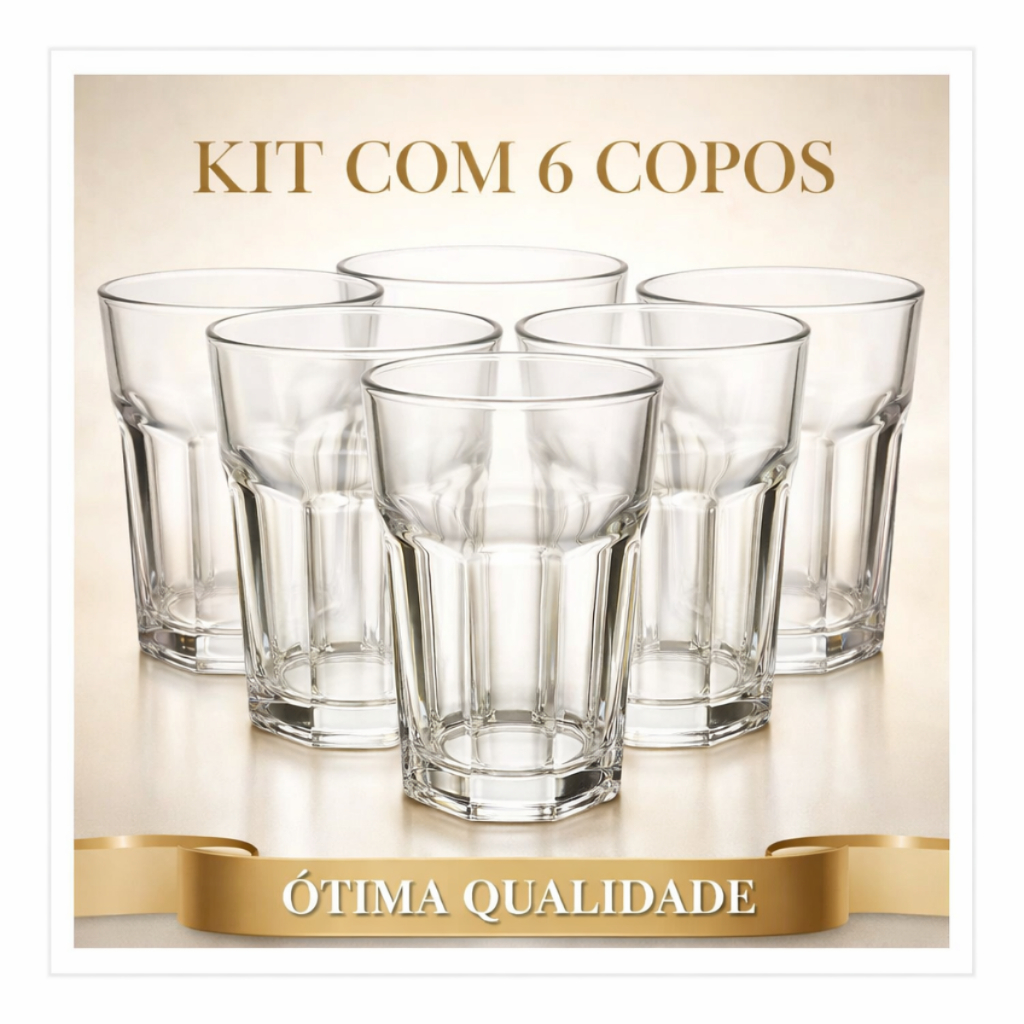 Conjunto Jogo 6 Copos de Vidro Reforçado Água Suco Refrigerante 310ml Mesa Posta Casa Restaurante