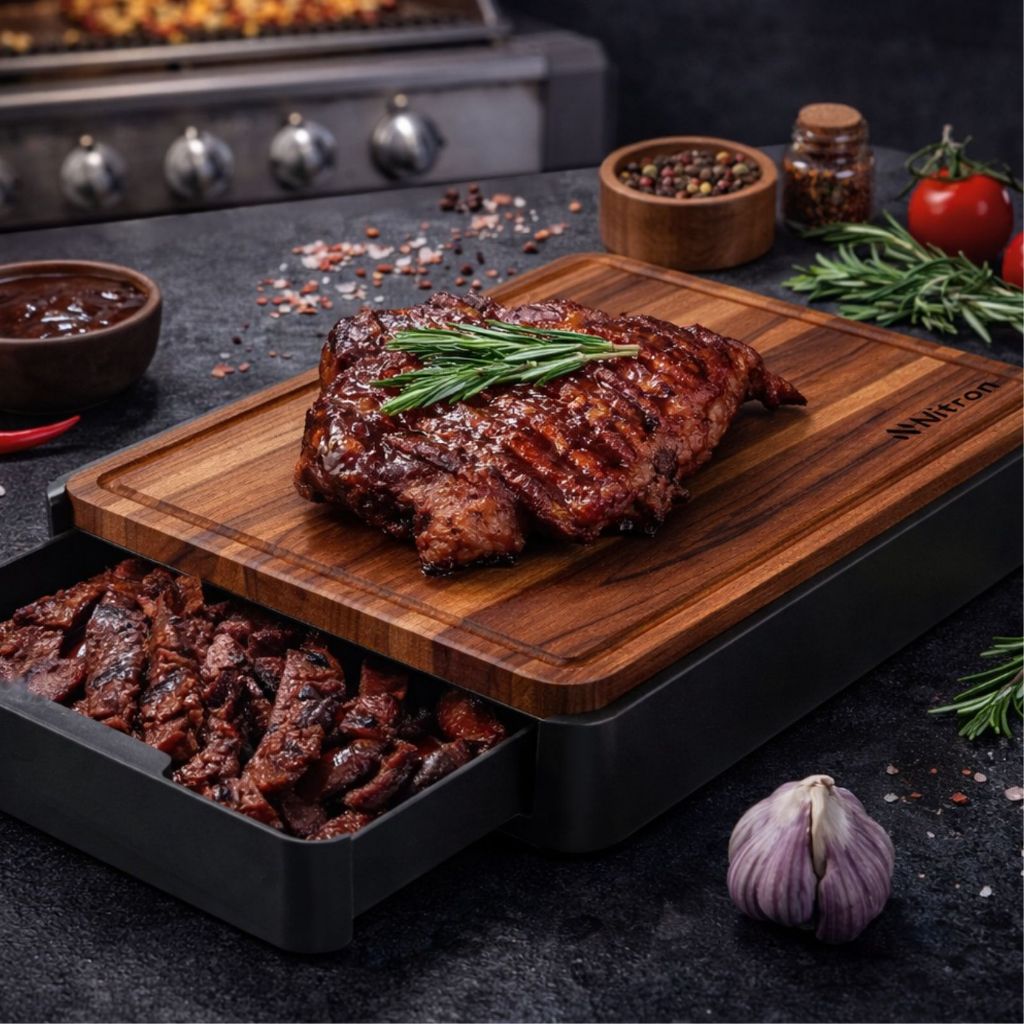 Tábua De Corte Carne Madeira Teca Com Suporte E Gaveta Preto Nitron Churrasco Churrasqueira Multiuso Resistente