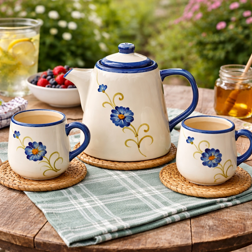 Jogo de Chá Cerâmica Floral Azul e Branco com Bule e Xícaras | Conjunto para Café e Chá | ...