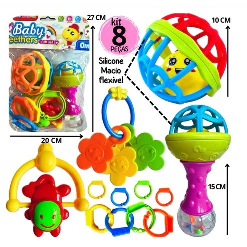 Kit Chocalho Silicone Mordedor Sensorial 8 Peça Brinquedo Infantil- Móbile Para Berço em Oferta na Shopee