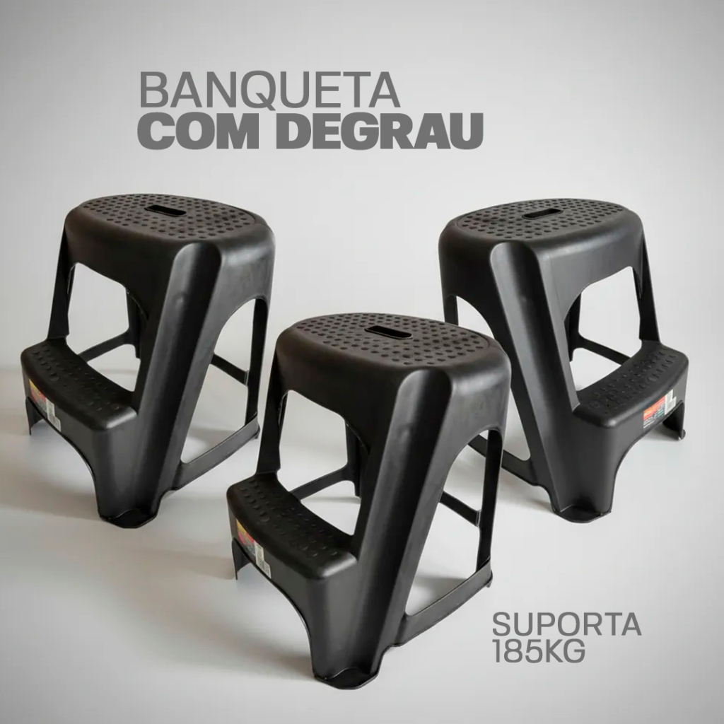 até 3 Bancos Escada REFORÇADA de Plástico Multiuso Preto Banqueta escada para apartamento casa