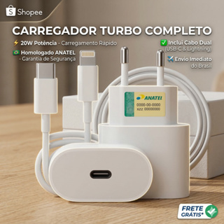 Kit Carregador iPhone Turbo 20W Fonte + Cabo USB-C Lightning Carrega Rápido Não Esquenta Anti-Aquecimento Compatível iPh em Oferta na Shopee