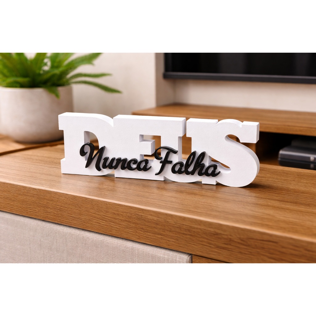 Placa Decorativa Letreiro Deus nunca falha decoração para estantes sala quarto Frase escritório Decoração 20cm
