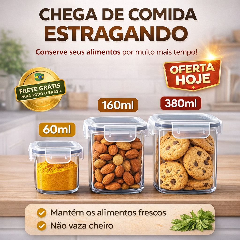 Kit 3 Potes Herméticos Pequenos Trava Vedação | Porta Tempero Mantimentos Organização Cozinha BPA Free Transparente