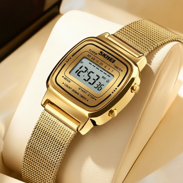 Relógio Feminino SKMEI 1910 Digital Quadrado Dourado Retrô Luxo Aço Pronta Entrega Envio Imediato