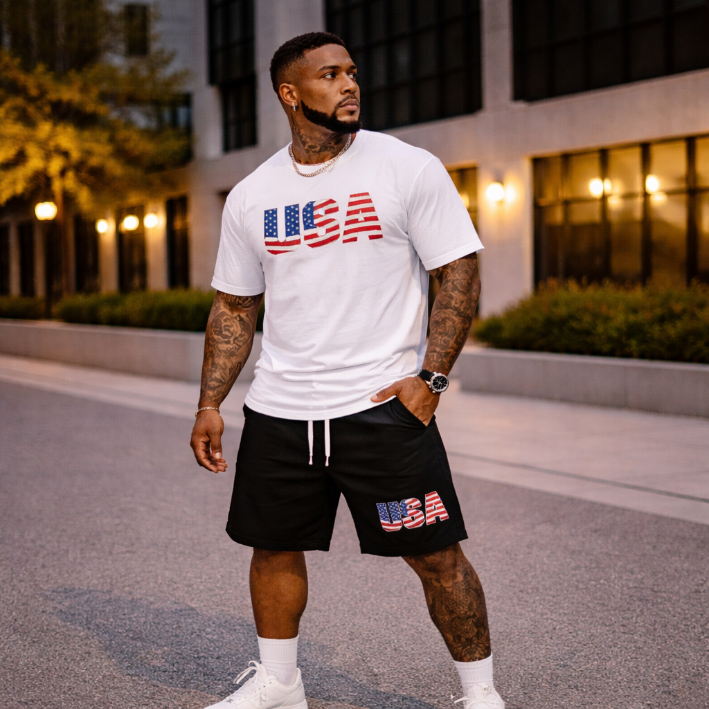 Conjunto USA NOVO Lançamento Camiseta gola Redonda Algodão + Shorts Mauricinho Tactel Masculino