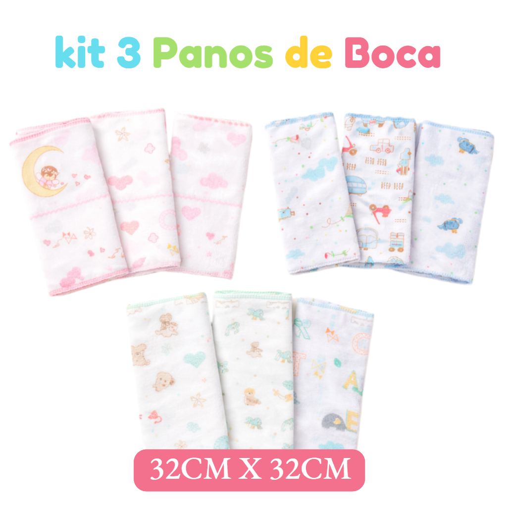 Kit 3 Panos de Boca Bebê Menino, Menina e Unissex 32x32cm – 100% Algodão Super Macios