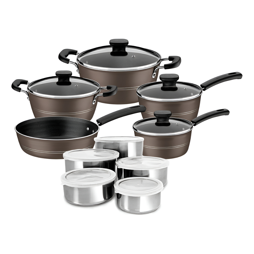 Jogo de Panelas Tramontina 5 Peças Sicília Avelã e conjunto de tigelas inox 5 pçs em Oferta na Shopee