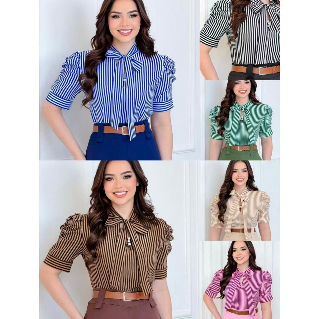 Blusa Plus Size G1 G2 G3 Feminina Estampado Listradas Social Manga Curta Bufante com laçinho Moda evangélica em Oferta na Shopee