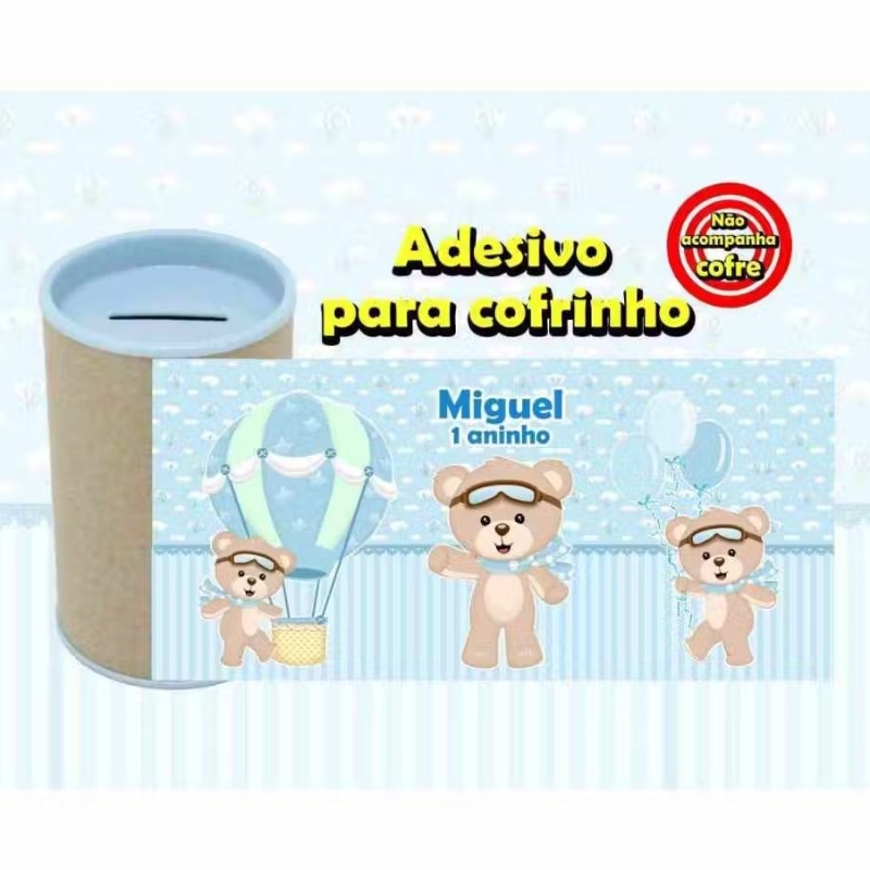 Rotulo adesivo para Cofrinhos 10x 6 Personalizado tema Ursinho Baloeiro para festa infantil