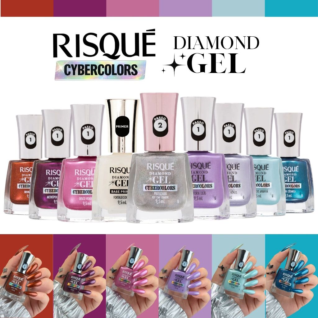 Kit 8 Esmaltes Risqué Diamond Gel Cybercolors Top Coat Pixelizado 9,5ml Efeito Metalizado