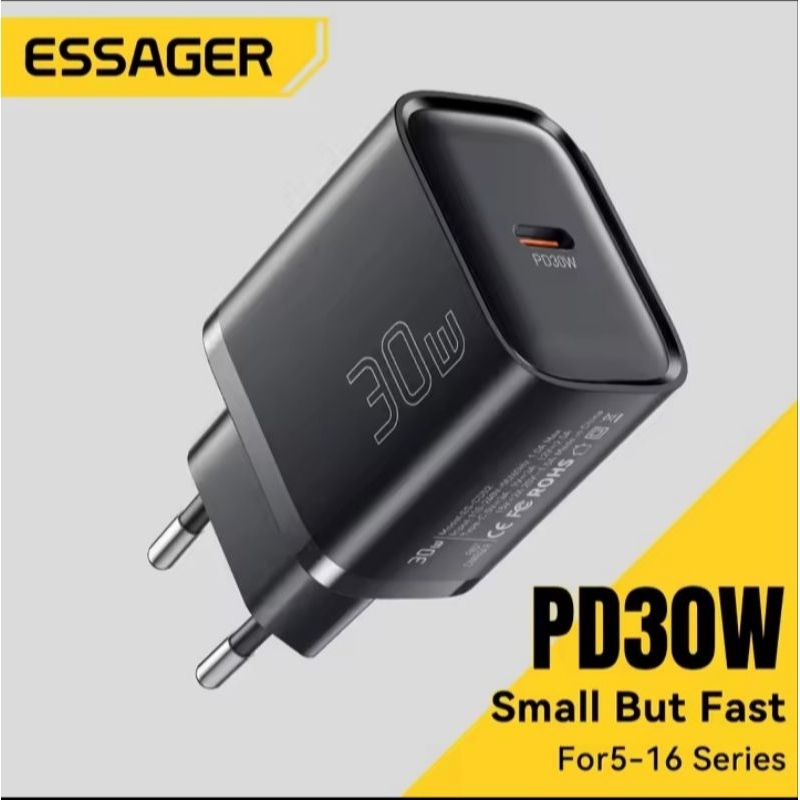 Carregador Turbo 30W USB-C PD Essager Original | Carga Rápida iPhone e Android | Bivolt