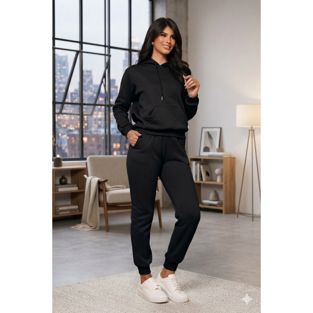Conjunto Moletom Feminino Canguru Flanelado Com Capuz E Calça Jogger Inverno Quentinho