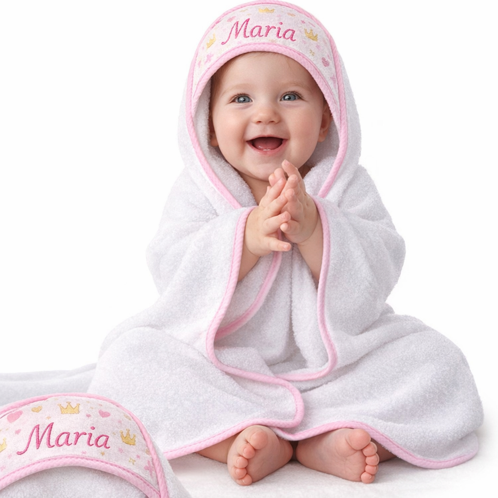 Kit Toalha de Banho Bebê com Capuz Personalizada Nome Bordado 80x70 | Toalha Infantil Macia