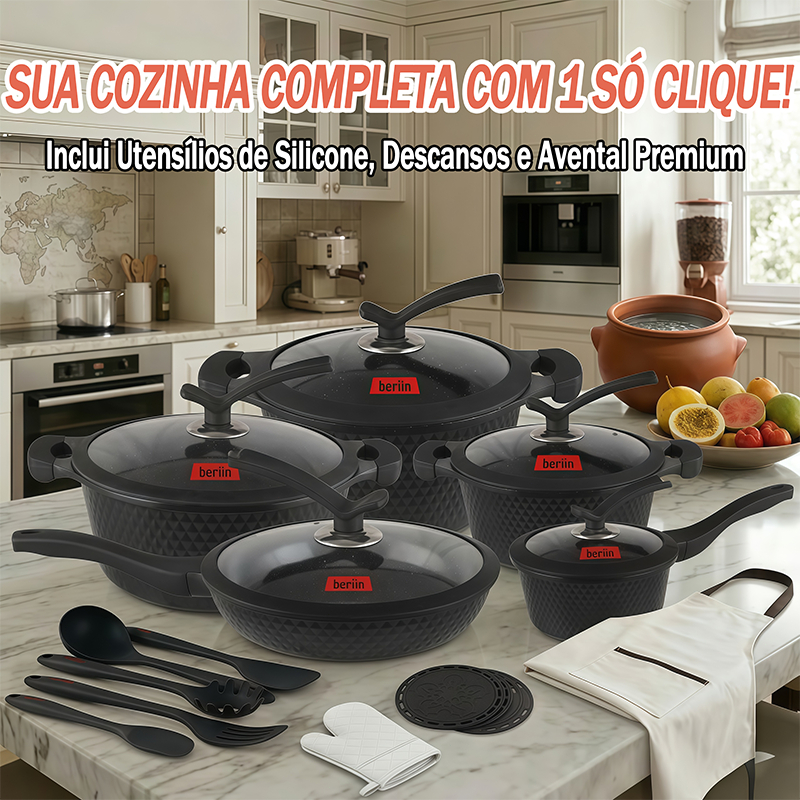 Jogo De Panelas Antiaderente 22 Peças Conjunto Cozinha Completo Com Tampa De Vidro E Kit Utensílios Profissional Premium