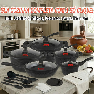 Jogo De Panelas Antiaderente 22 Peças Conjunto Cozinha Completo Com Tampa De Vidro E Kit Utensílios Profissional Premium