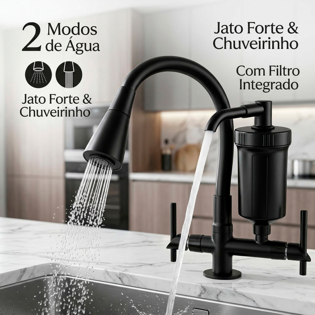Torneira Cozinha Gourmet Preta com Filtro 2 Modos de Jato Chuveirinho Bancada Alta Pressão