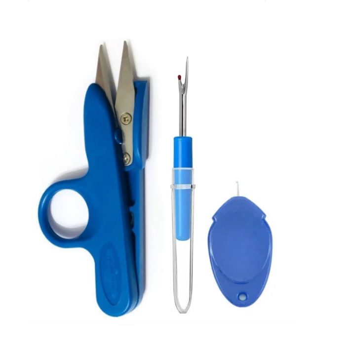 Kit Costura Completo 3 Peças Tesoura Arremate Plástica Passador de Linha Abridor de Casa