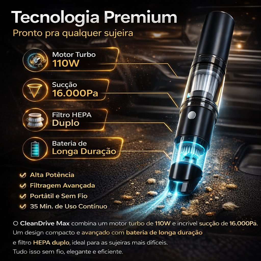 Aspirador Automotivo Portátil Sem Fio CleanDrive Max Recarregável Alta Potência 3 em 1 Carro Casa